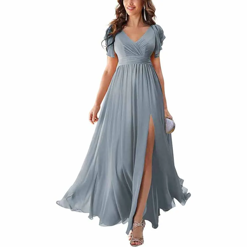 Chiffon Bridesmaid Dress Short Sleeves V Neck Formal Dres Wedding Guest Dress With Slipt