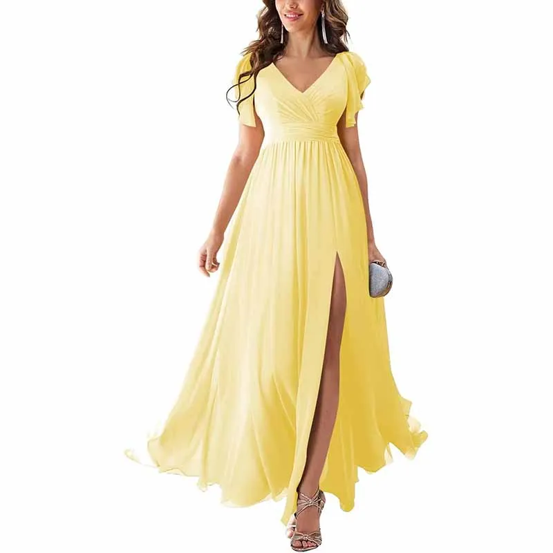 Chiffon Bridesmaid Dress Short Sleeves V Neck Formal Dres Wedding Guest Dress With Slipt