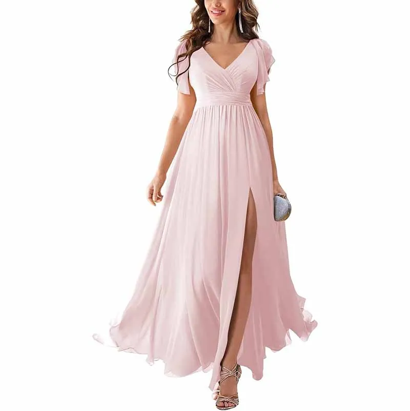 Chiffon Bridesmaid Dress Short Sleeves V Neck Formal Dres Wedding Guest Dress With Slipt