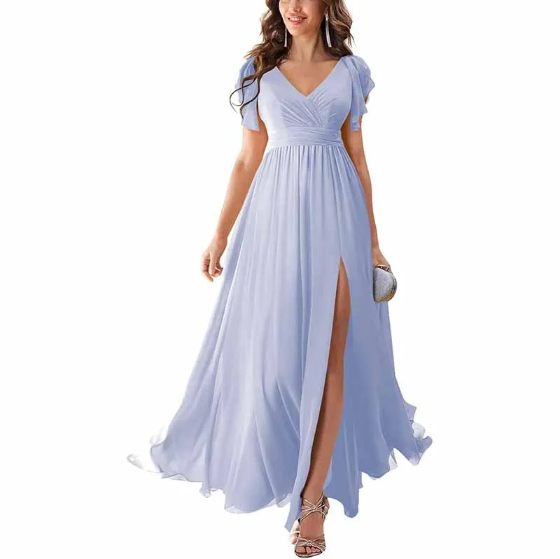 Chiffon Bridesmaid Dress Short Sleeves V Neck Formal Dres Wedding Guest Dress With Slipt