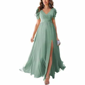 Chiffon Bridesmaid Dress Short Sleeves V Neck Formal Dres Wedding Guest Dress With Slipt