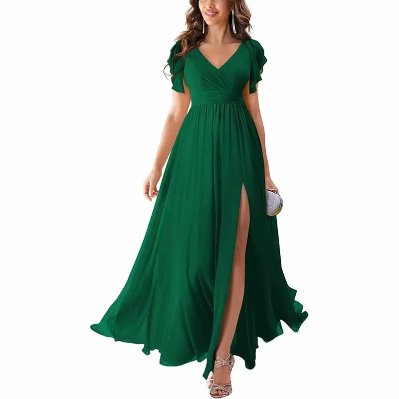 Chiffon Bridesmaid Dress Short Sleeves V Neck Formal Dres Wedding Guest Dress With Slipt