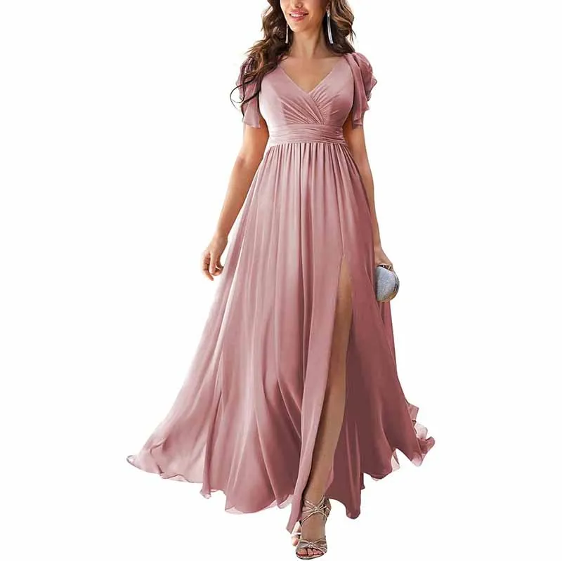 Chiffon Bridesmaid Dress Short Sleeves V Neck Formal Dres Wedding Guest Dress With Slipt
