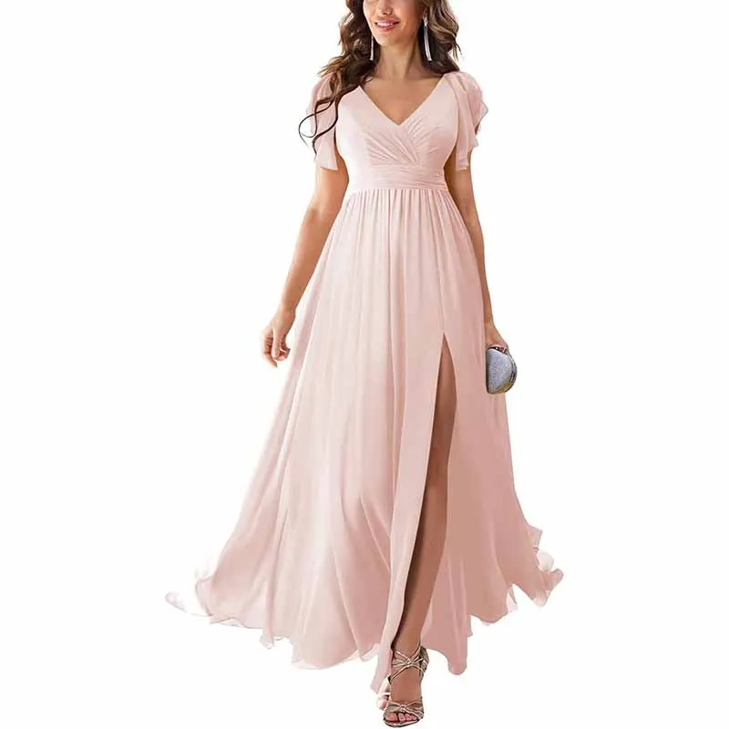 Chiffon Bridesmaid Dress Short Sleeves V Neck Formal Dres Wedding Guest Dress With Slipt