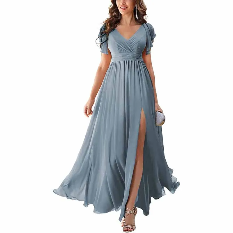 Chiffon Bridesmaid Dress Short Sleeves V Neck Formal Dres Wedding Guest Dress With Slipt