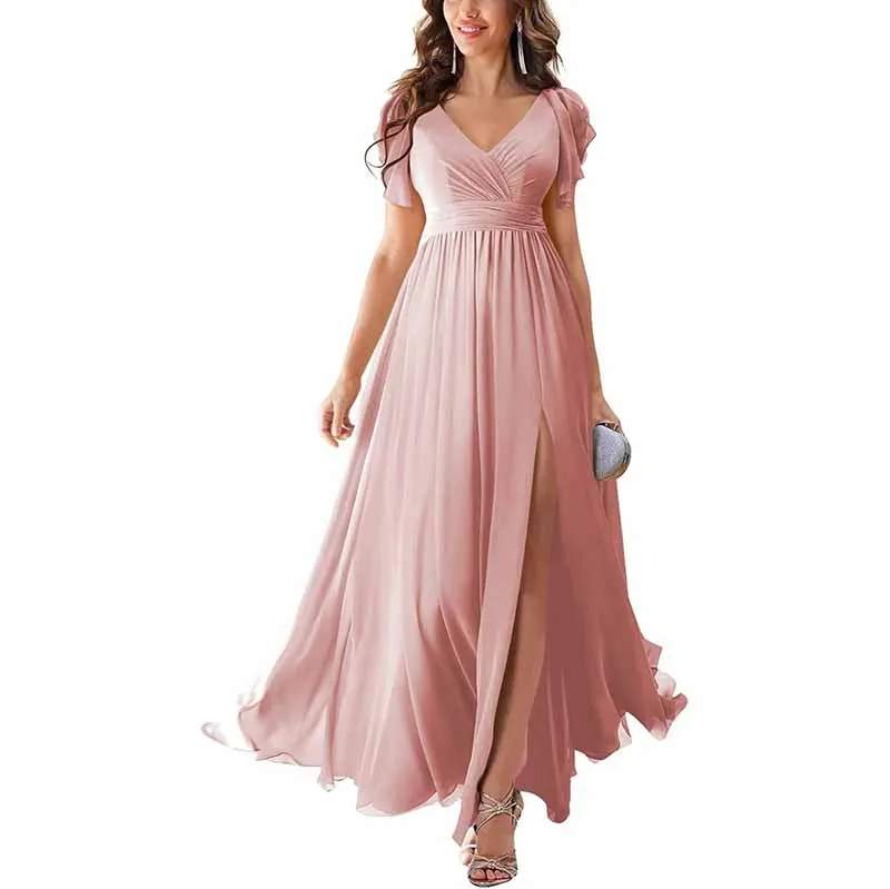 Chiffon Bridesmaid Dress Short Sleeves V Neck Formal Dres Wedding Guest Dress With Slipt