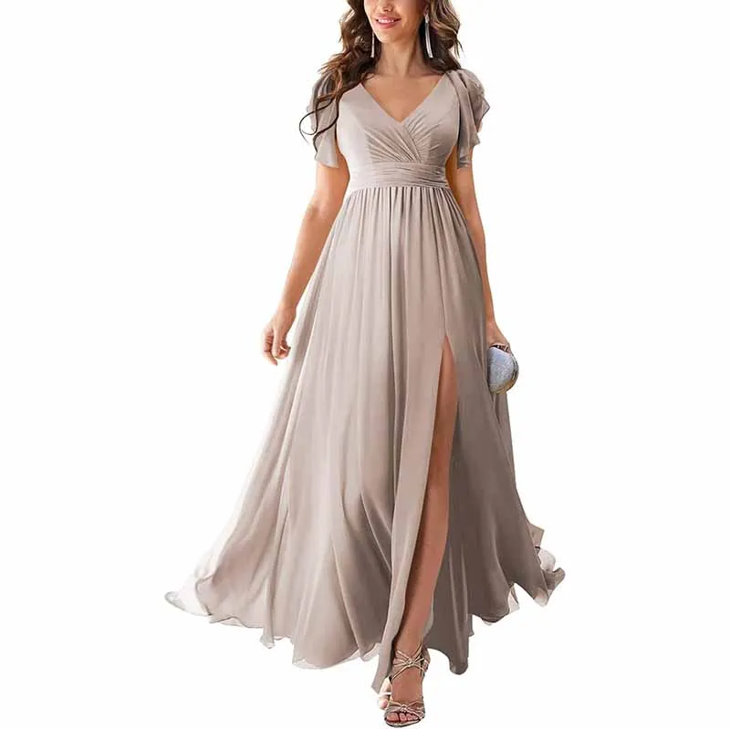 Chiffon Bridesmaid Dress Short Sleeves V Neck Formal Dres Wedding Guest Dress With Slipt