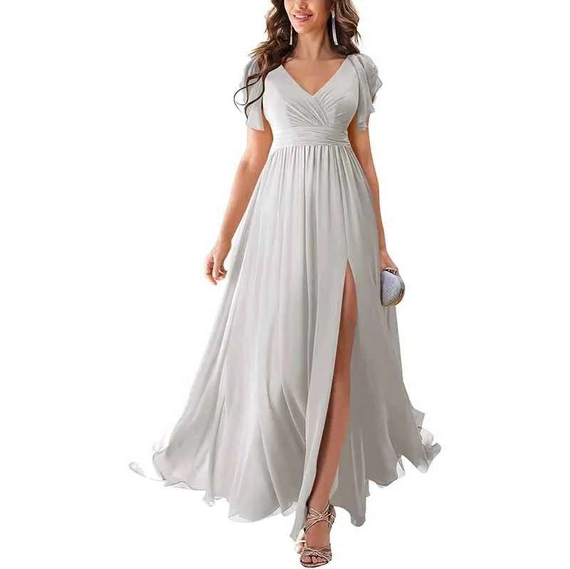 Chiffon Bridesmaid Dress Short Sleeves V Neck Formal Dres Wedding Guest Dress With Slipt