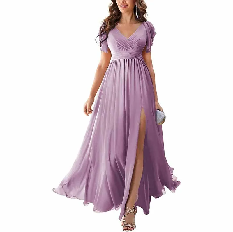 Chiffon Bridesmaid Dress Short Sleeves V Neck Formal Dres Wedding Guest Dress With Slipt