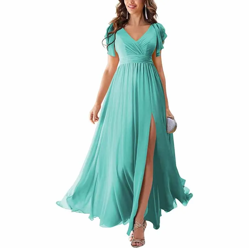 Chiffon Bridesmaid Dress Short Sleeves V Neck Formal Dres Wedding Guest Dress With Slipt