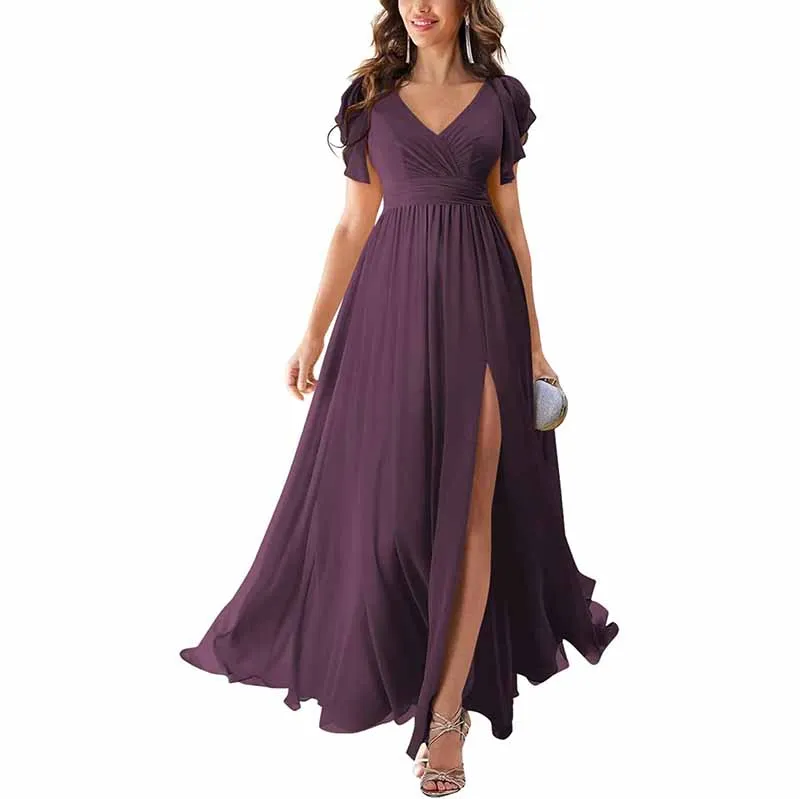 Chiffon Bridesmaid Dress Short Sleeves V Neck Formal Dres Wedding Guest Dress With Slipt