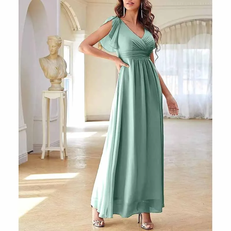 Chiffon Bridesmaid Dress Short Sleeves V Neck Formal Dres Wedding Guest Dress With Slipt