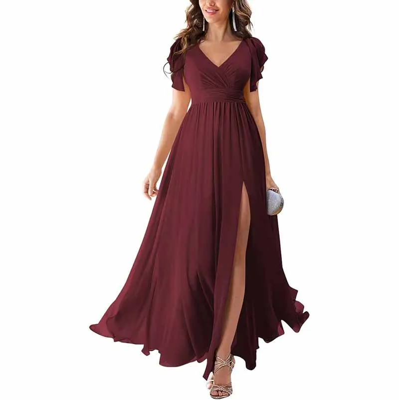 Chiffon Bridesmaid Dress Short Sleeves V Neck Formal Dres Wedding Guest Dress With Slipt