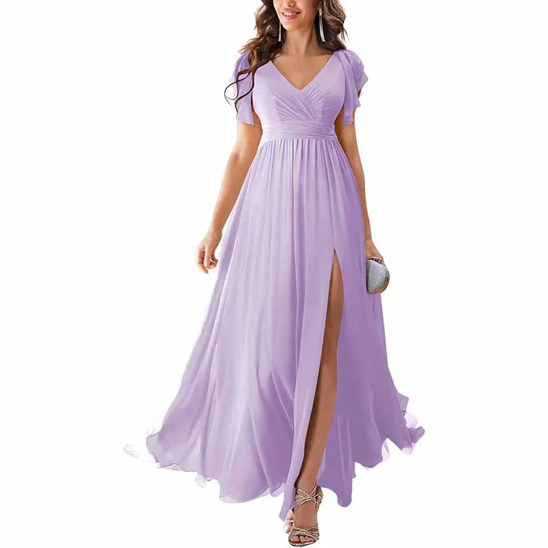 Chiffon Bridesmaid Dress Short Sleeves V Neck Formal Dres Wedding Guest Dress With Slipt
