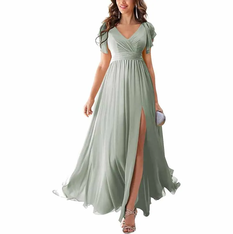Chiffon Bridesmaid Dress Short Sleeves V Neck Formal Dres Wedding Guest Dress With Slipt