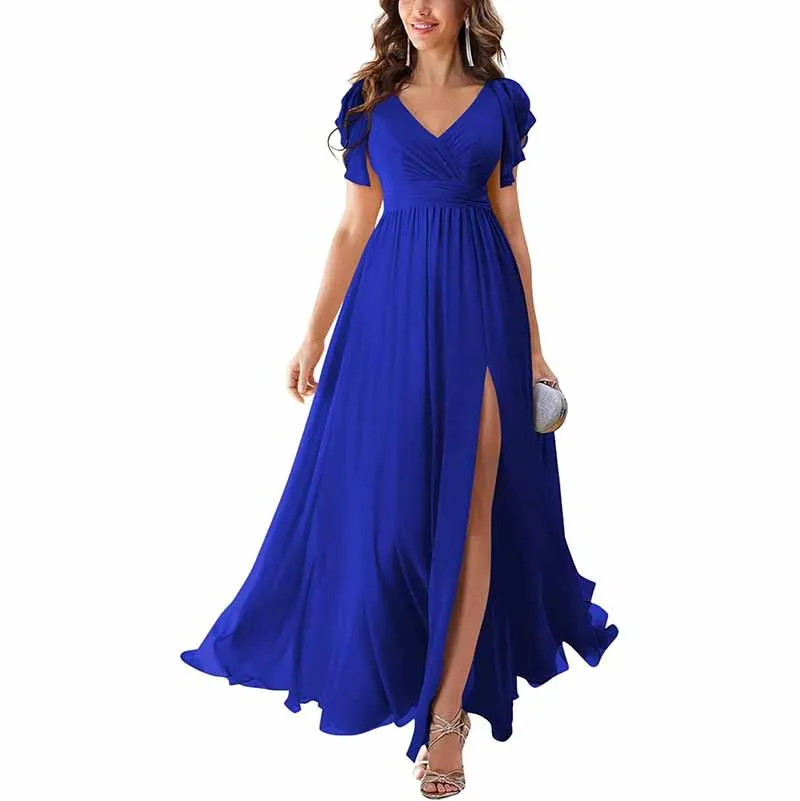 Chiffon Bridesmaid Dress Short Sleeves V Neck Formal Dres Wedding Guest Dress With Slipt