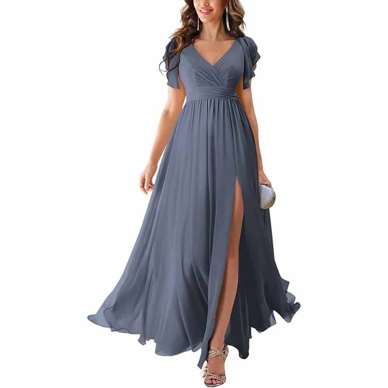 Chiffon Bridesmaid Dress Short Sleeves V Neck Formal Dres Wedding Guest Dress With Slipt