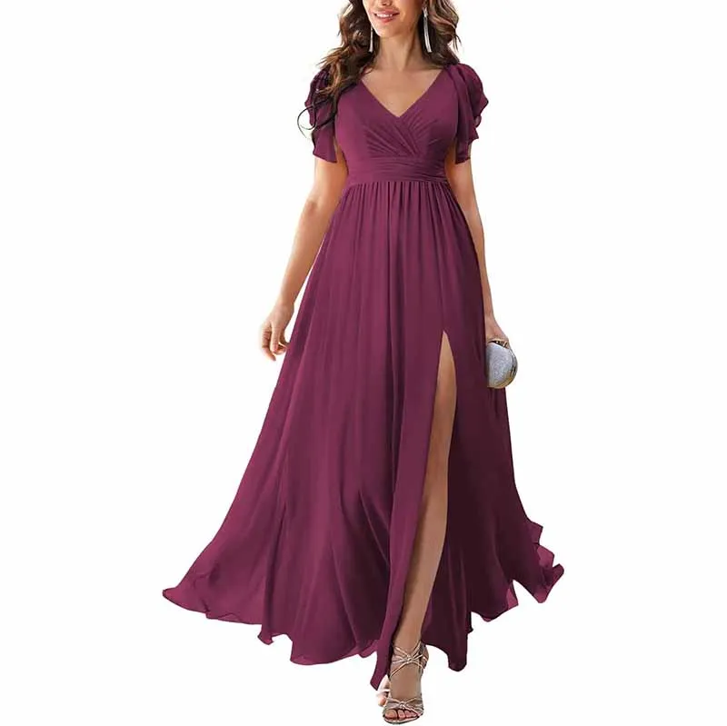 Chiffon Bridesmaid Dress Short Sleeves V Neck Formal Dres Wedding Guest Dress With Slipt