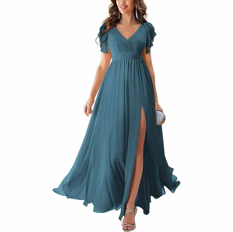 Chiffon Bridesmaid Dress Short Sleeves V Neck Formal Dres Wedding Guest Dress With Slipt
