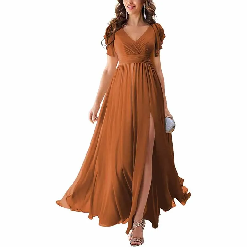 Chiffon Bridesmaid Dress Short Sleeves V Neck Formal Dres Wedding Guest Dress With Slipt