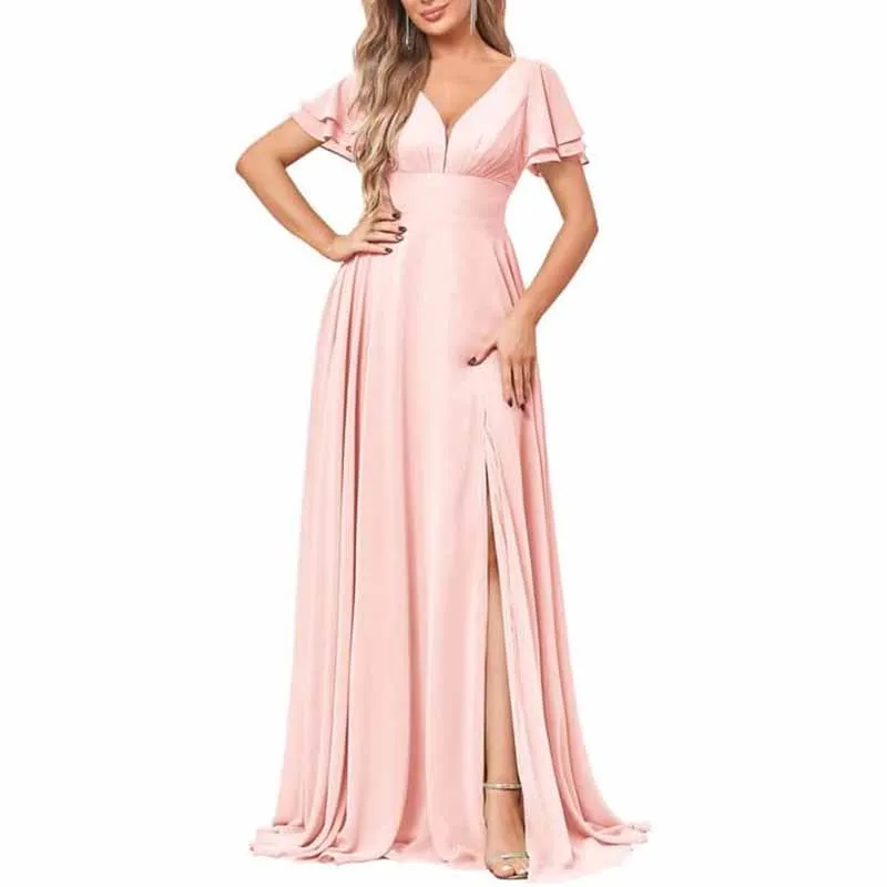 Chiffon Bridesmaid Dresses Long V Neck Formal Evening Gown with Slit