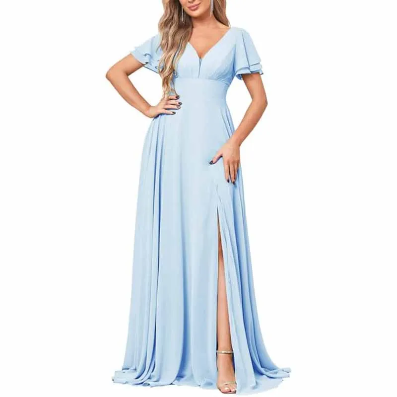 Chiffon Bridesmaid Dresses Long V Neck Formal Evening Gown with Slit