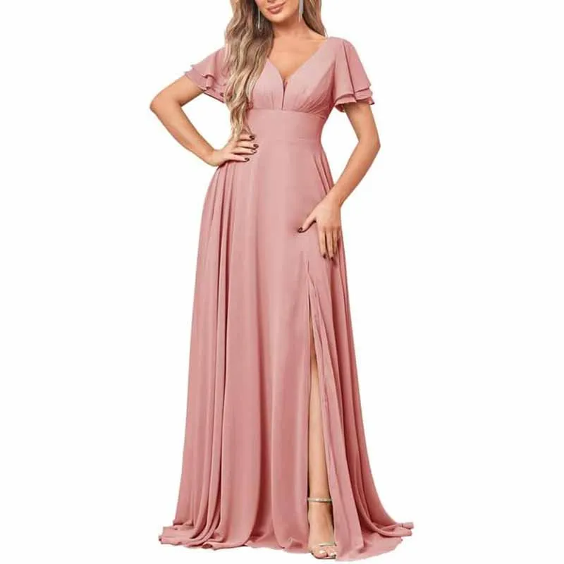 Chiffon Bridesmaid Dresses Long V Neck Formal Evening Gown with Slit