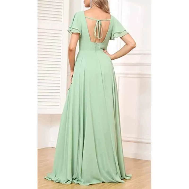 Chiffon Bridesmaid Dresses Long V Neck Formal Evening Gown with Slit