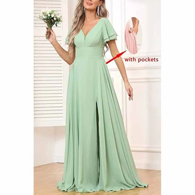 Chiffon Bridesmaid Dresses Long V Neck Formal Evening Gown with Slit