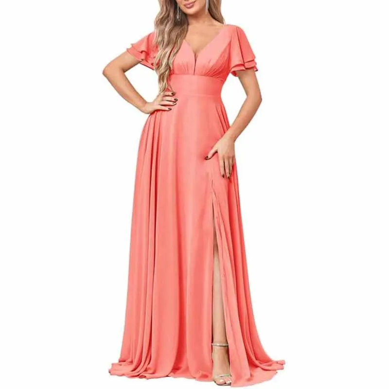 Chiffon Bridesmaid Dresses Long V Neck Formal Evening Gown with Slit