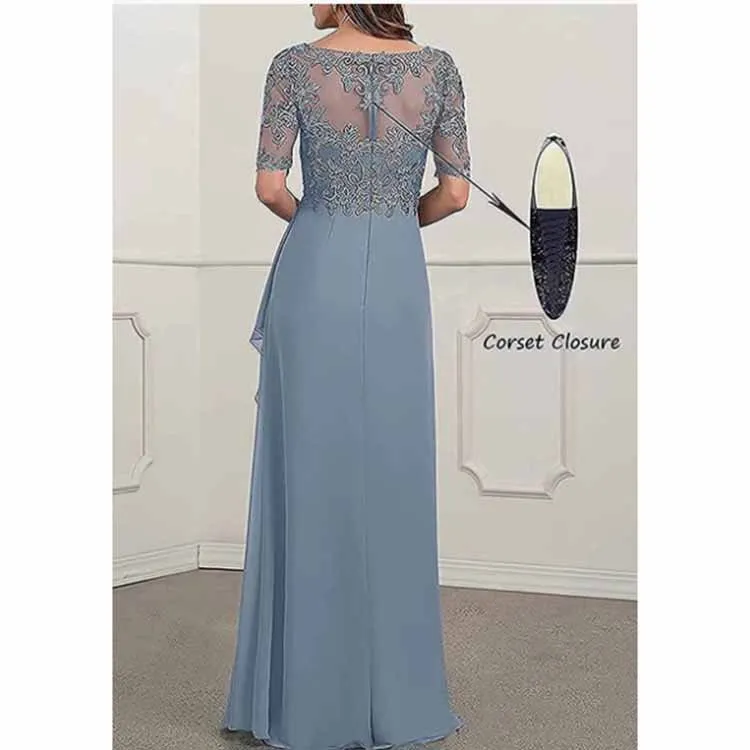 Chiffon Lace Mother of Bride dresses Short Sleeve Bridesmaid Dress Zipper/lace Up Event Maxi Dress