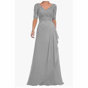 Chiffon Lace Mother of Bride dresses Short Sleeve Bridesmaid Dress Zipper/lace Up Event Maxi Dress