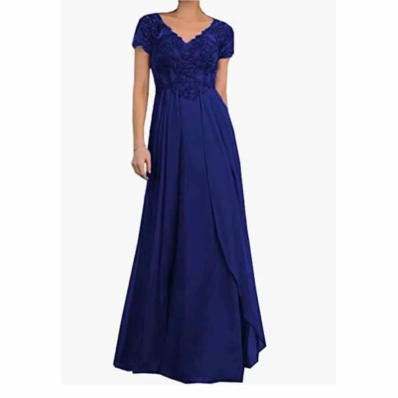Chiffon Lace  Mother of Bride dresses Short Sleeves Bridesmaid Dress lace Up Evening Maxi Dress