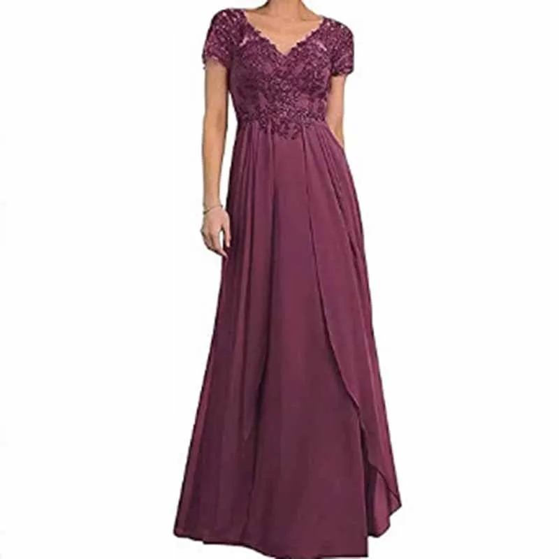 Chiffon Lace  Mother of Bride dresses Short Sleeves Bridesmaid Dress lace Up Evening Maxi Dress