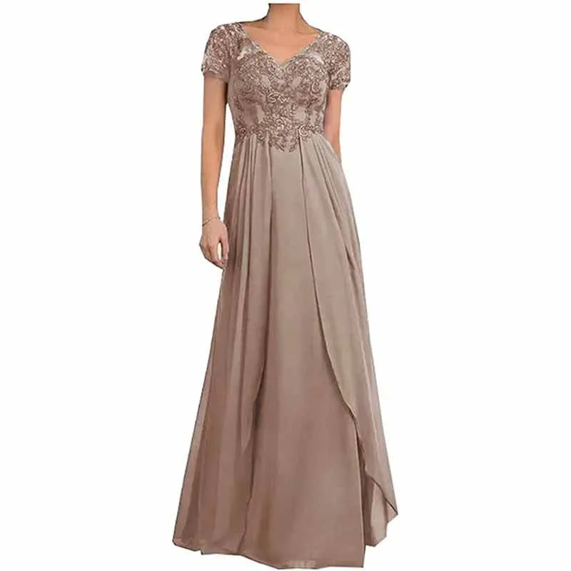 Chiffon Lace  Mother of Bride dresses Short Sleeves Bridesmaid Dress lace Up Evening Maxi Dress