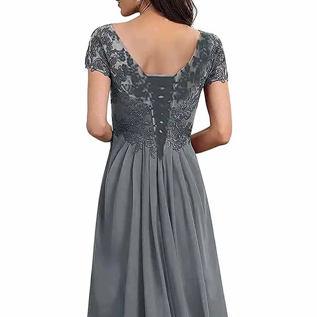 Chiffon Lace  Mother of Bride dresses Short Sleeves Bridesmaid Dress lace Up Evening Maxi Dress