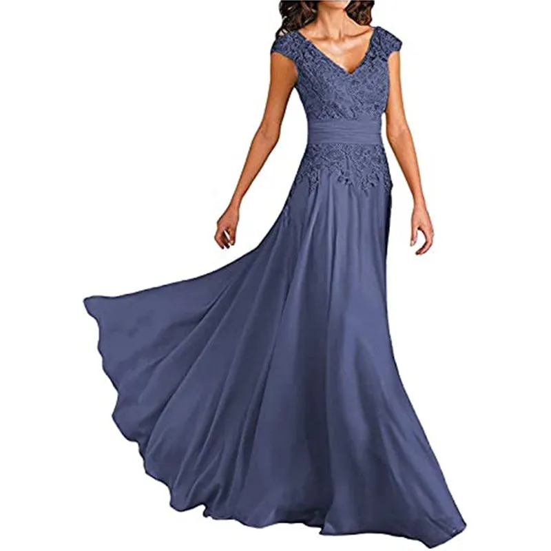 Chiffon Lace V Neck Sleeveless Bridesmaid Dress Floor-Length Mother of the Bride Wedding Guest Dress