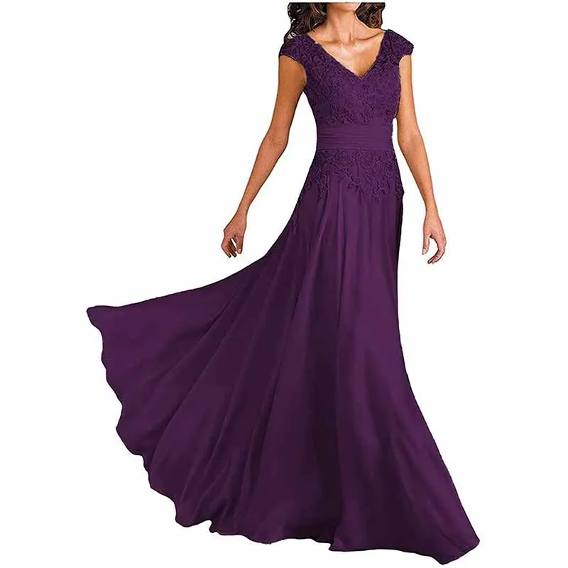 Chiffon Lace V Neck Sleeveless Bridesmaid Dress Floor-Length Mother of the Bride Wedding Guest Dress