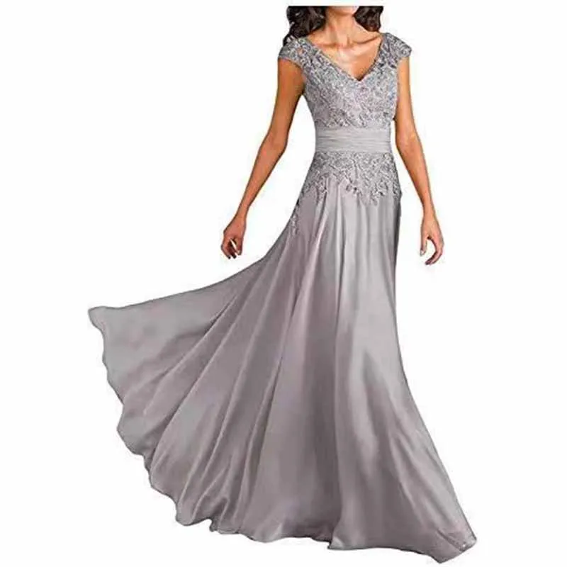 Chiffon Lace V Neck Sleeveless Bridesmaid Dress Floor-Length Mother of the Bride Wedding Guest Dress