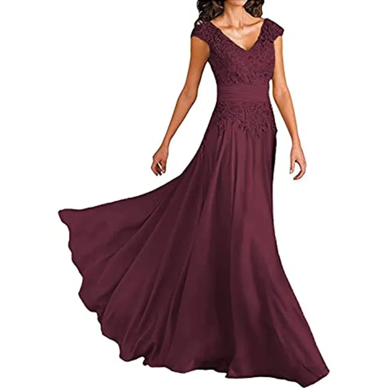 Chiffon Lace V Neck Sleeveless Bridesmaid Dress Floor-Length Mother of the Bride Wedding Guest Dress