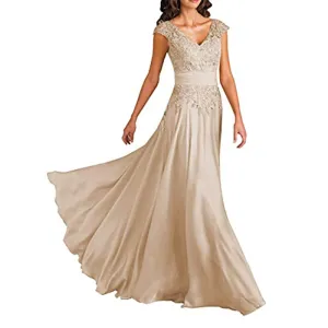 Chiffon Lace V Neck Sleeveless Bridesmaid Dress Floor-Length Mother of the Bride Wedding Guest Dress