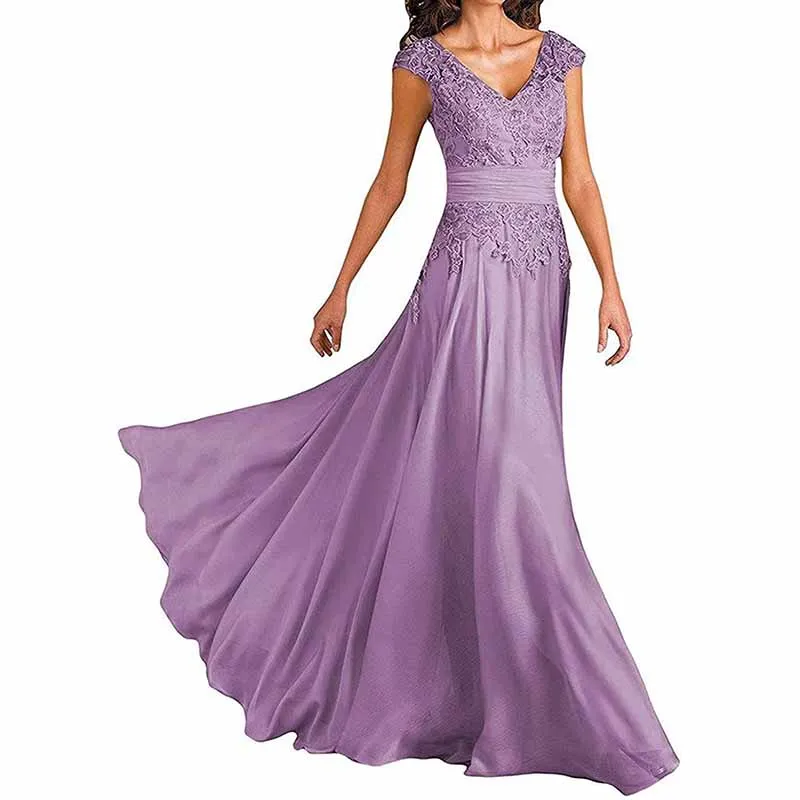 Chiffon Lace V Neck Sleeveless Bridesmaid Dress Floor-Length Mother of the Bride Wedding Guest Dress
