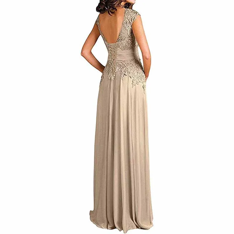 Chiffon Lace V Neck Sleeveless Bridesmaid Dress Floor-Length Mother of the Bride Wedding Guest Dress