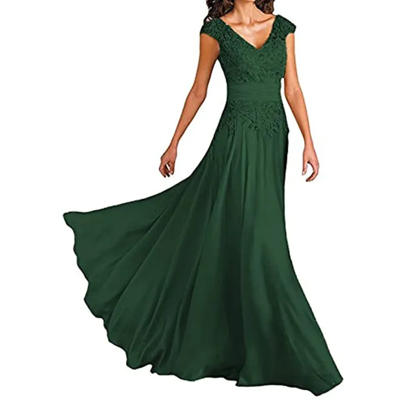 Chiffon Lace V Neck Sleeveless Bridesmaid Dress Floor-Length Mother of the Bride Wedding Guest Dress