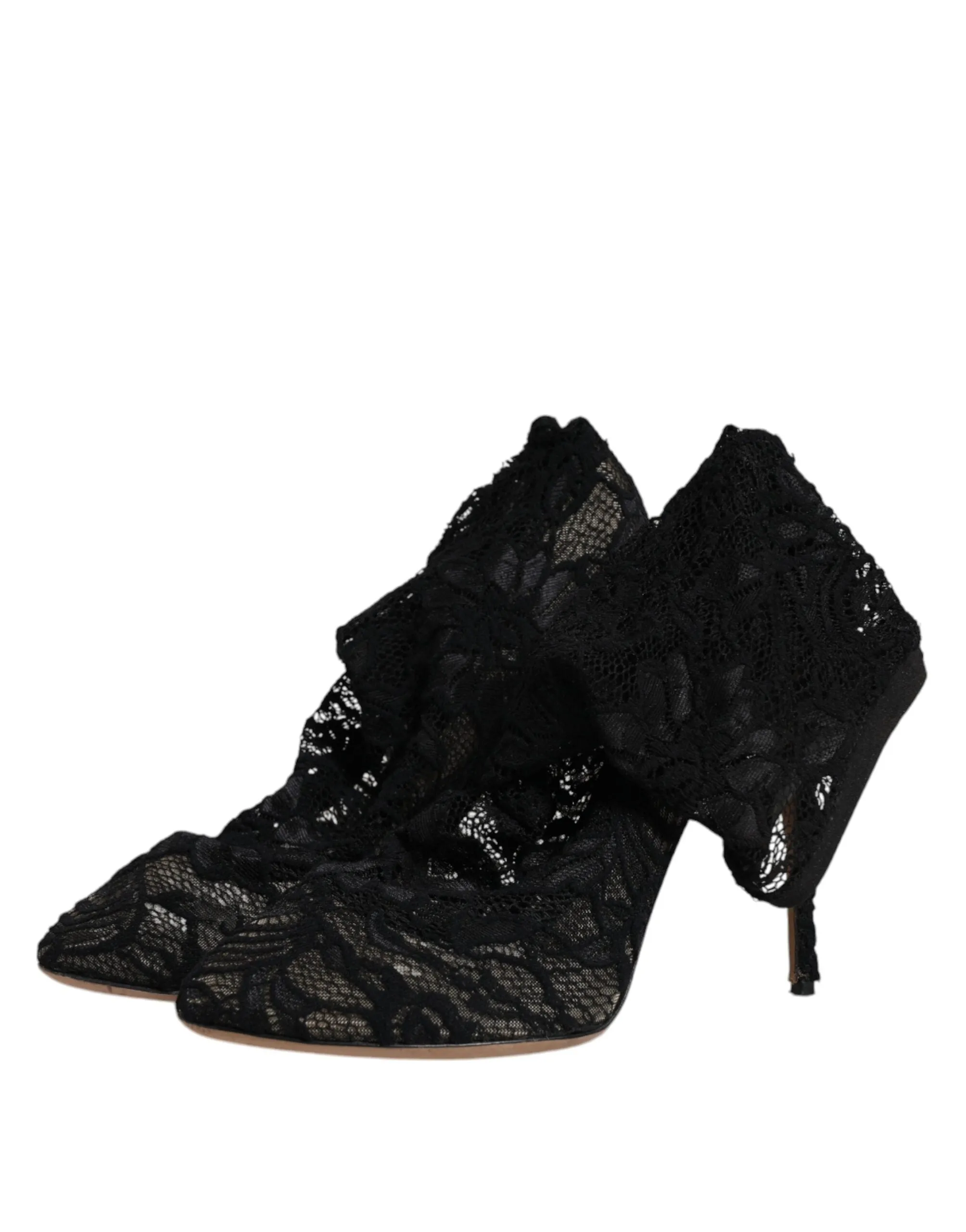Dolce&Gabbana Women Black Pumps Nylon Floral Lace Socks High Heel Shoes Sz EU 40