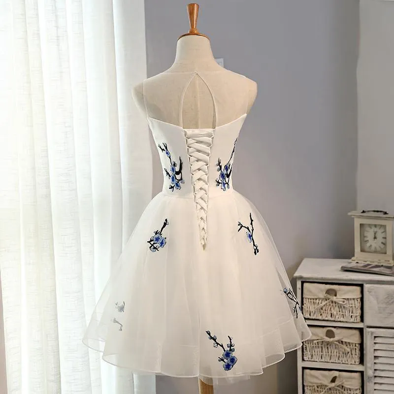 Embroidery Flowers Short Homecoming Dress Prom Dresses BD057