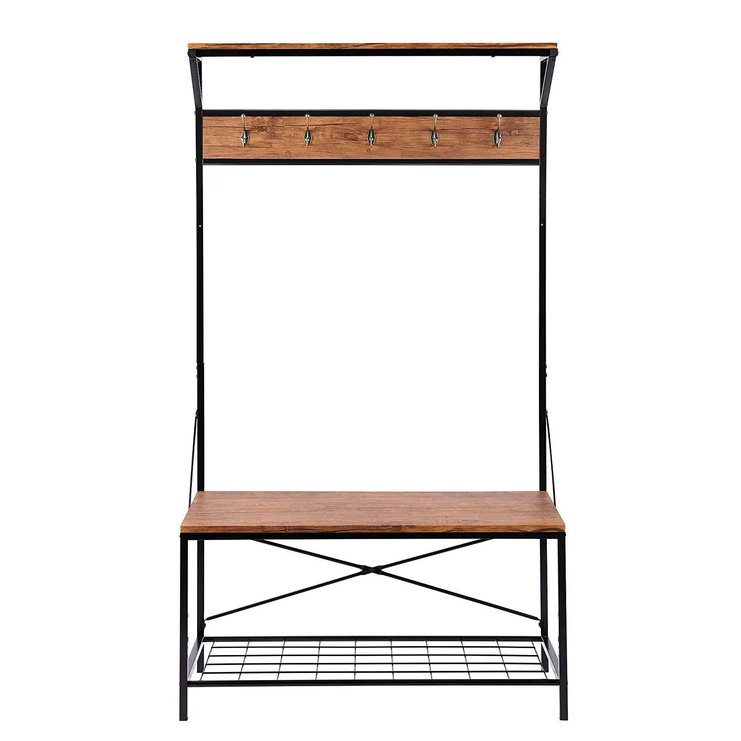 FIVEGIVEN Hall Tree Coat Rack Bench for Entryway Rustic in Black/Brown with 5 Hooks and Top Storage/Display Shelf