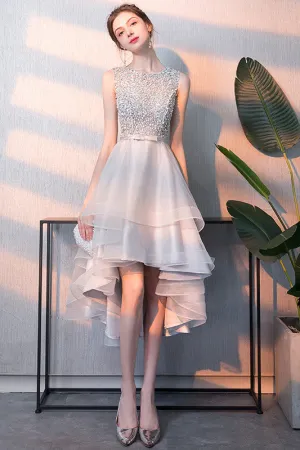 Gray High Low Beaded A-Line Tulle Homecoming Dresses With Bownot OKC57