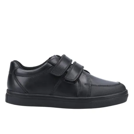 Hush Puppies Santos Black Leather Riptape School Shoe