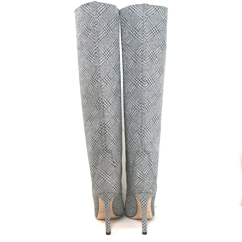 Jimmy Choo Mavis 100 Glitter High Boots Silver Prince Of Wales Check Size 38.5